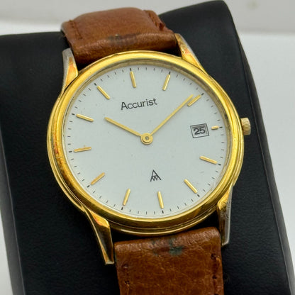 33mm Working Vintage Accurist 404000 Date Dial Leather Quartz Watch New Battery
