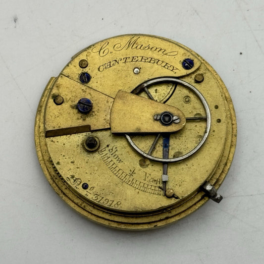 37.5mm C Mason Canterbury Fusee No Chain Pocket Watch Movement FOR PARTS