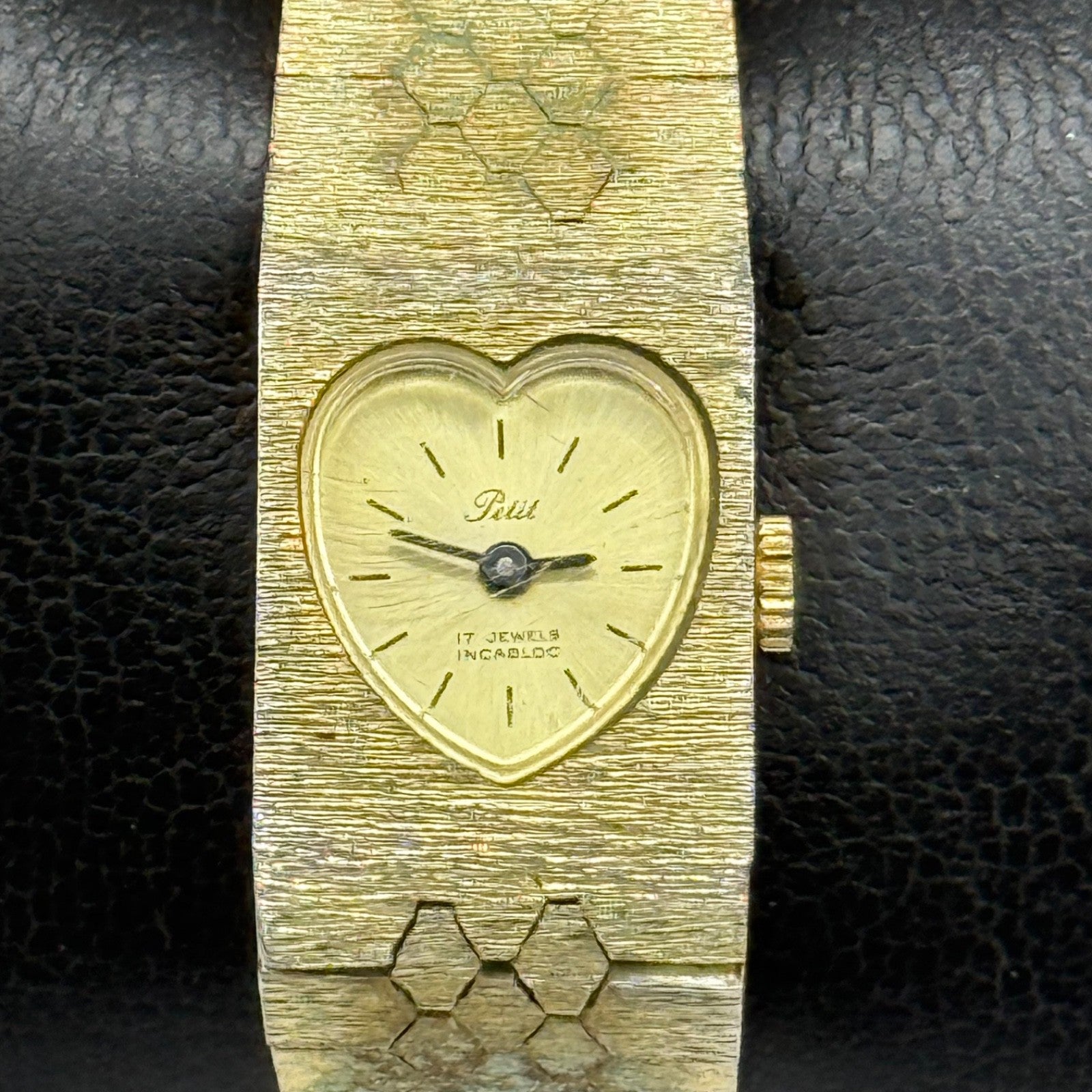 15mm Vintage Petit Bark Affect Heart Gold Plated Manual Wind Watch PARTS REPAIR