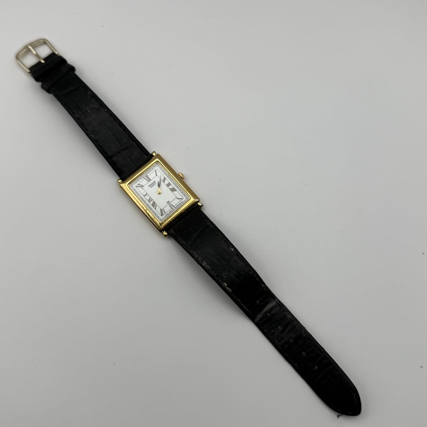 Pulsar Tank Watch Quartz Rectangular Date Dial Black Strap Japan Working 23mm