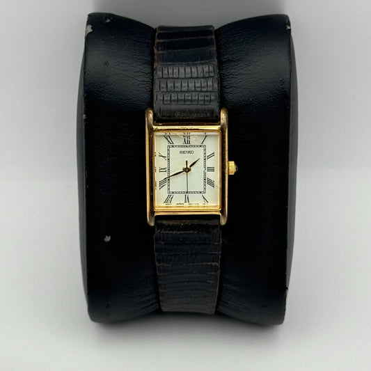 Seiko Ladies Quartz Watch Rectangular White Dial Black Strap Japan Working 18mm