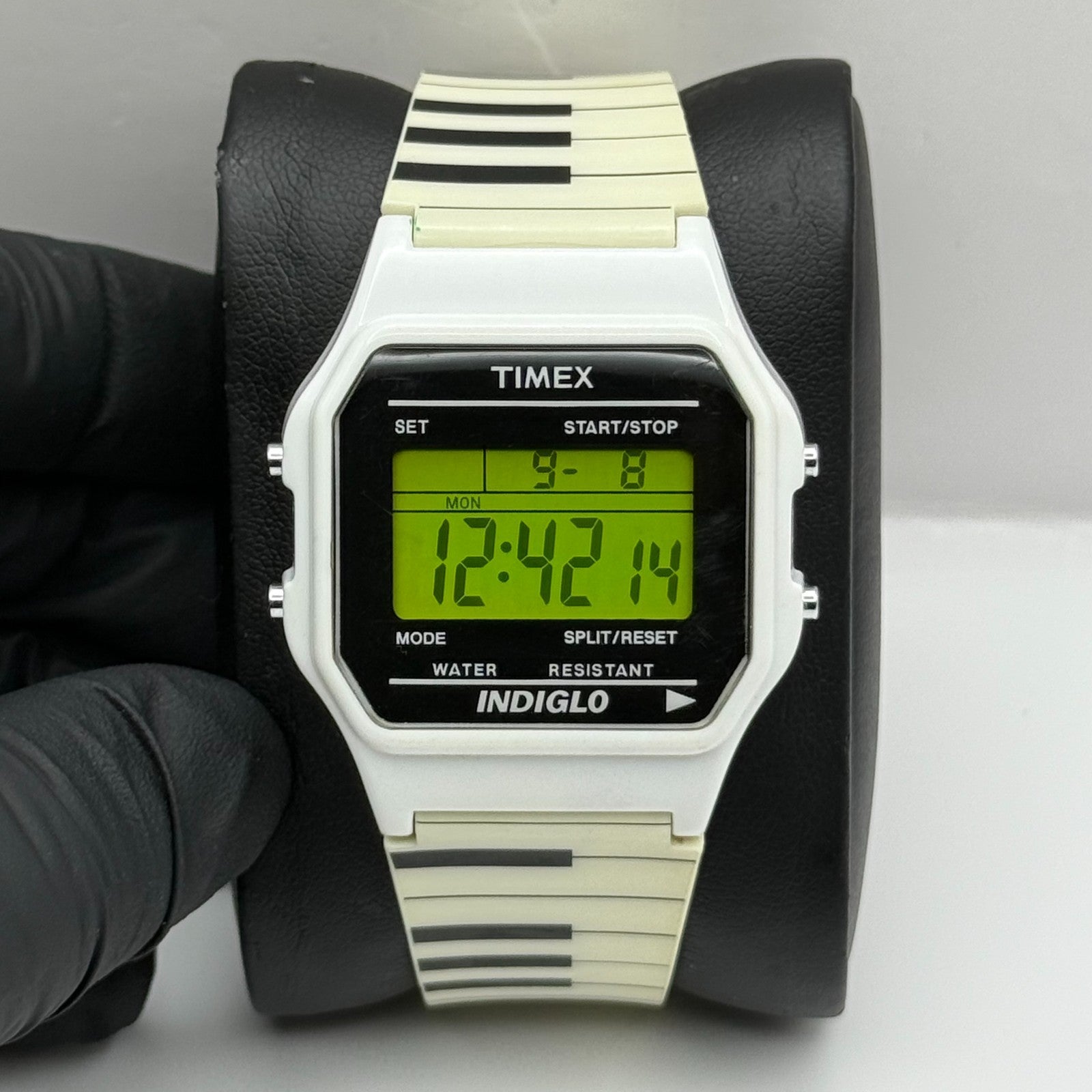 Timex Indiglo Digital Quartz Watch Piano Strap White Black Strap Working 34mm
