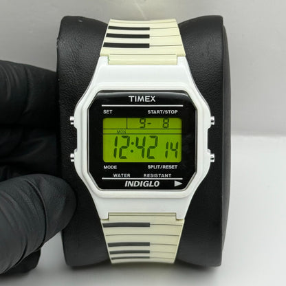 Timex Indiglo Digital Quartz Watch Piano Strap White Black Strap Working 34mm