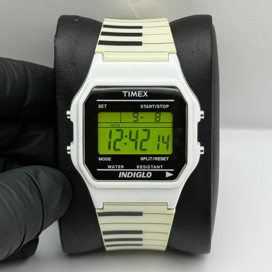 Timex Indiglo Digital Quartz Watch Piano Strap White Black Strap Working 34mm