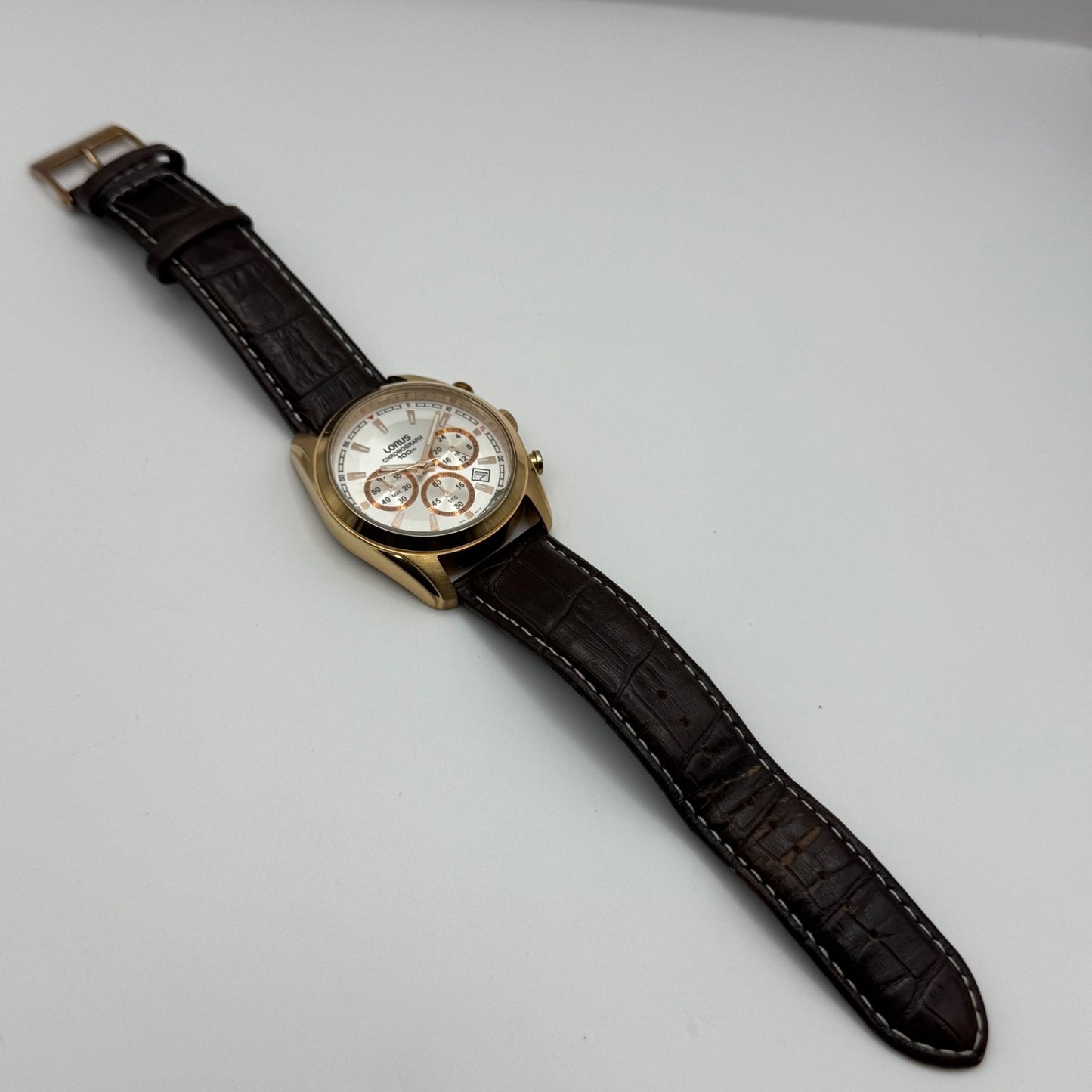 Lorus Chronograph Mens Watch 100M Quartz VD53-X024 Leather Strap 43mm Japan