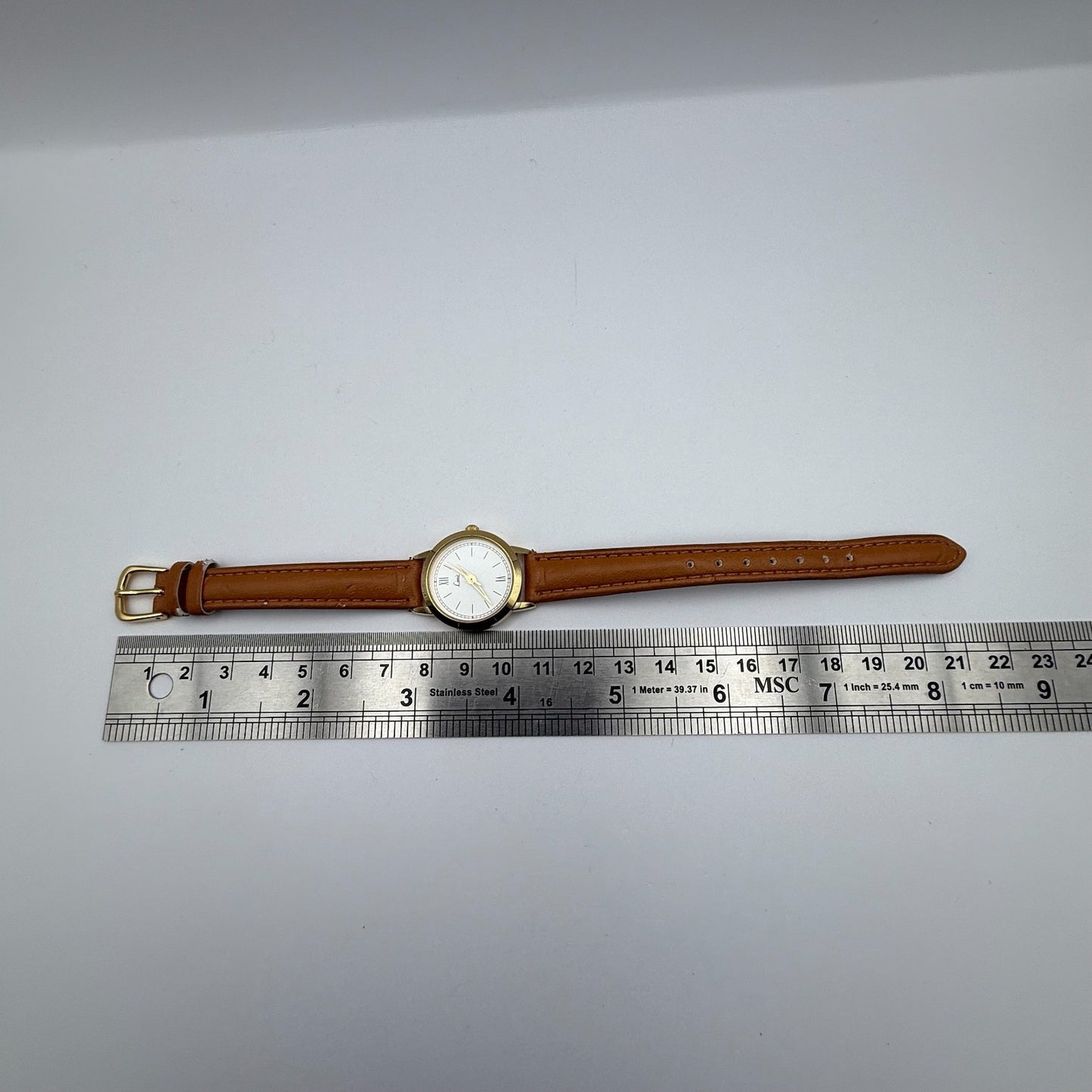 Limit Ladies Quartz Watch White Dial Gold Tone Case Brown Strap Working 25mm