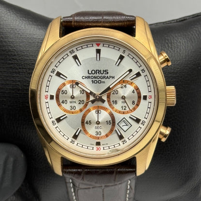 Lorus Chronograph Mens Watch 100M Quartz VD53-X024 Leather Strap 43mm Japan
