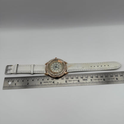 Gerryda Ladies Quartz Watch Rose Gold Crystal Accents White Strap Working 43mm