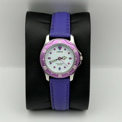 Lorus Quartz Watch White Dial Purple Strap Bezel Japan Working 26mm New Battery