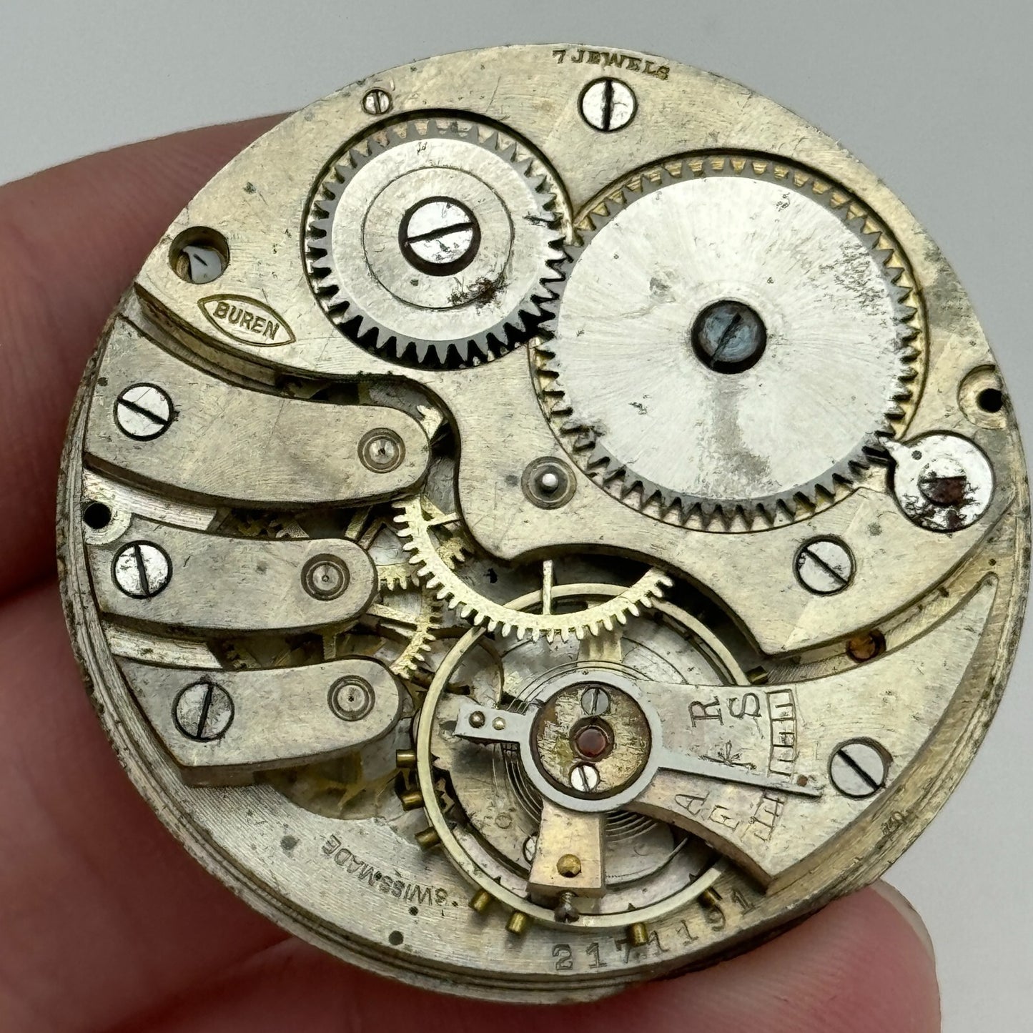 43mm Buren 7 Jewels Sub Seconds Swiss Vintage Hunter Pocket Watch Movement PARTS