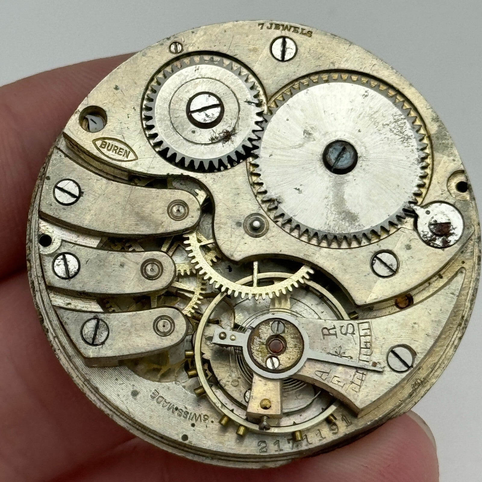 43mm Buren 7 Jewels Sub Seconds Swiss Vintage Hunter Pocket Watch Movement PARTS