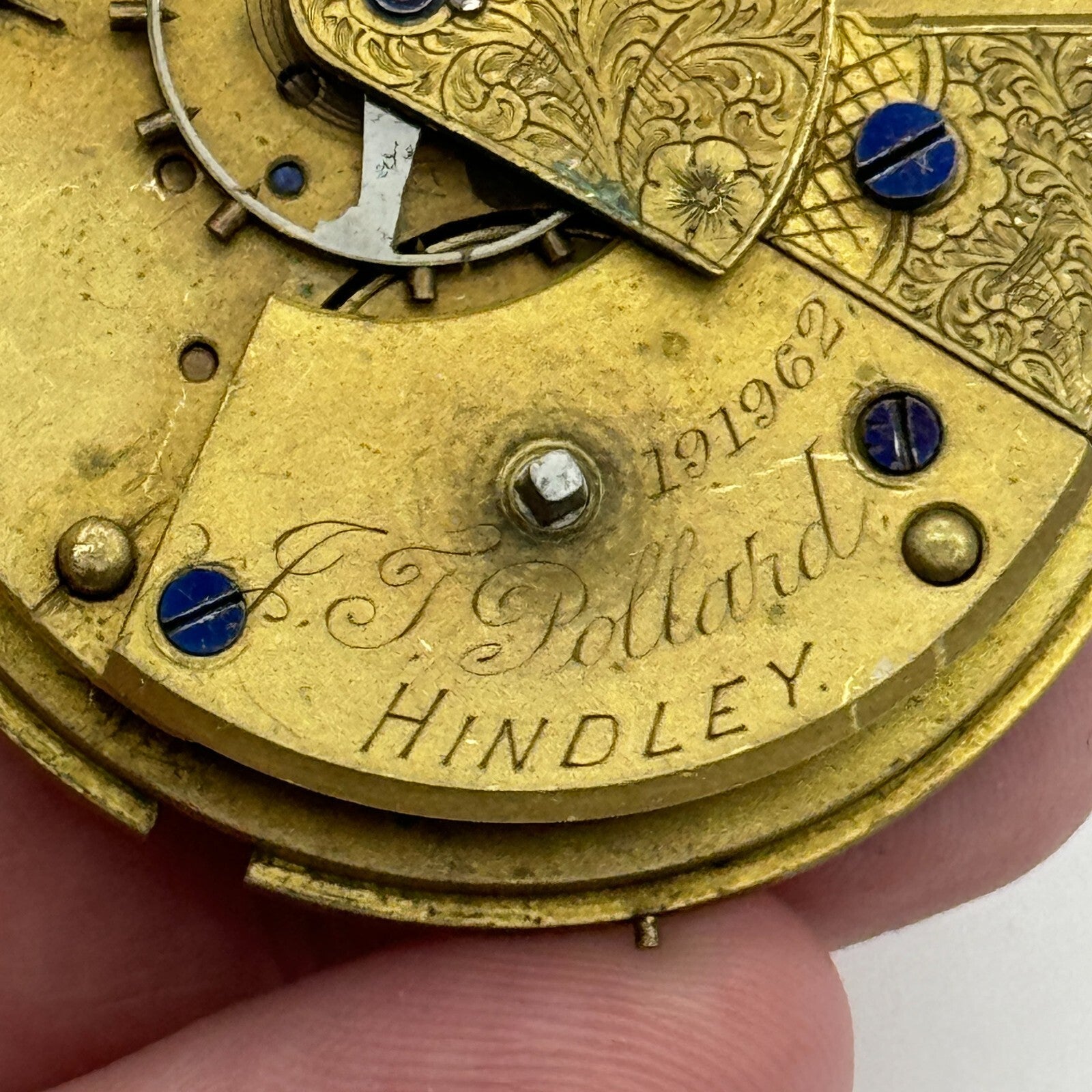 43.2mm Antique J J Pollard Hindley Key Wound Pocket Watch Movement PARTS REPAIR