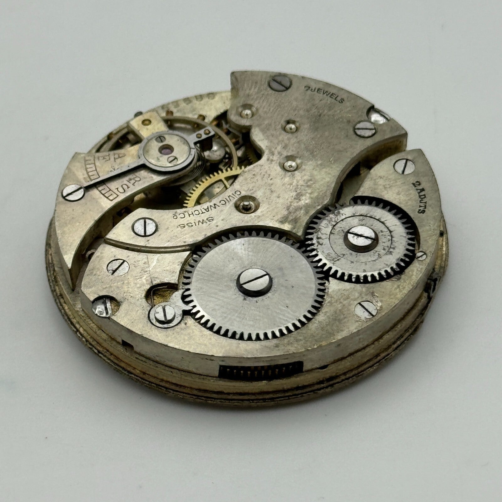 42.8mm Vintage Civic Watch Co 7 Jewels Swiss Hunter Pocket Watch Movement PARTS