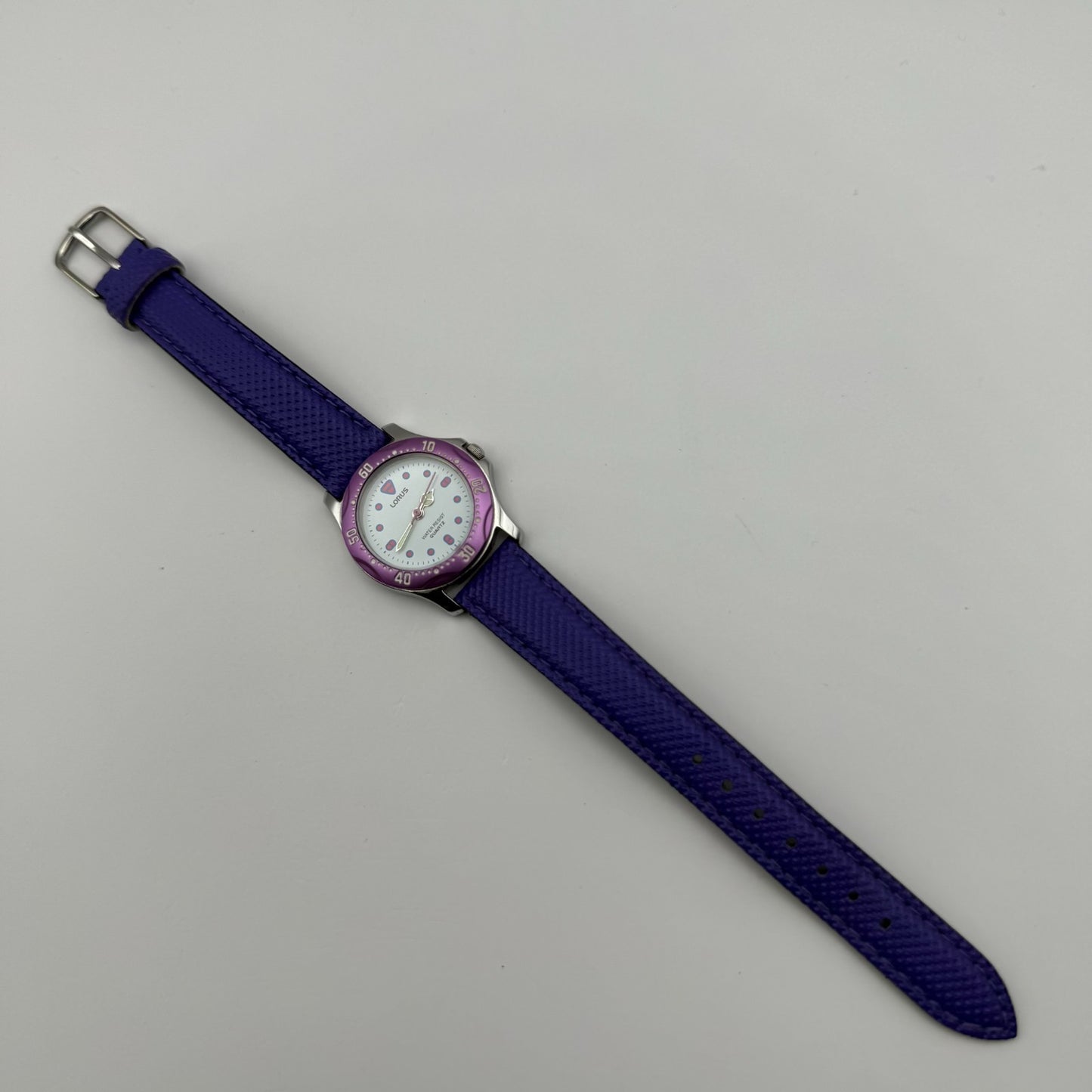 Lorus Quartz Watch White Dial Purple Strap Bezel Japan Working 26mm New Battery