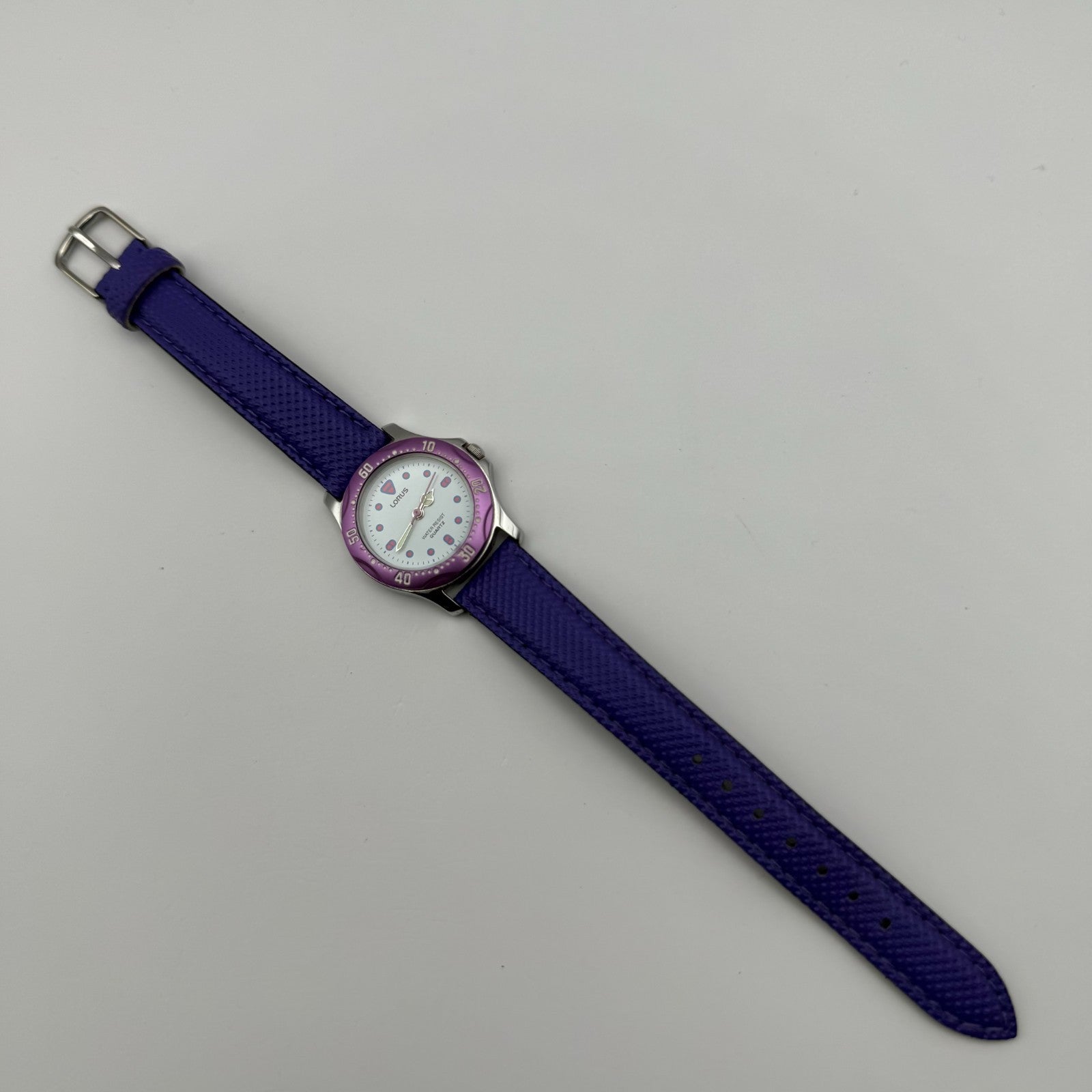 Lorus Quartz Watch White Dial Purple Strap Bezel Japan Working 26mm New Battery