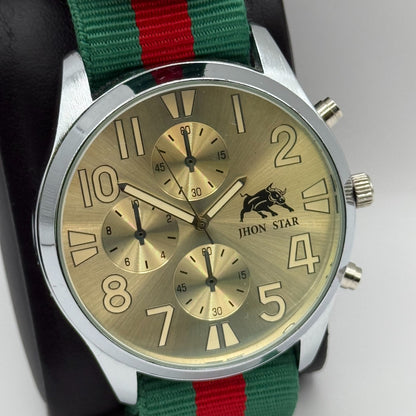 Jhon Star Men’s Quartz Watch Chronograph Gold Dial Green Red Strap Working 45mm