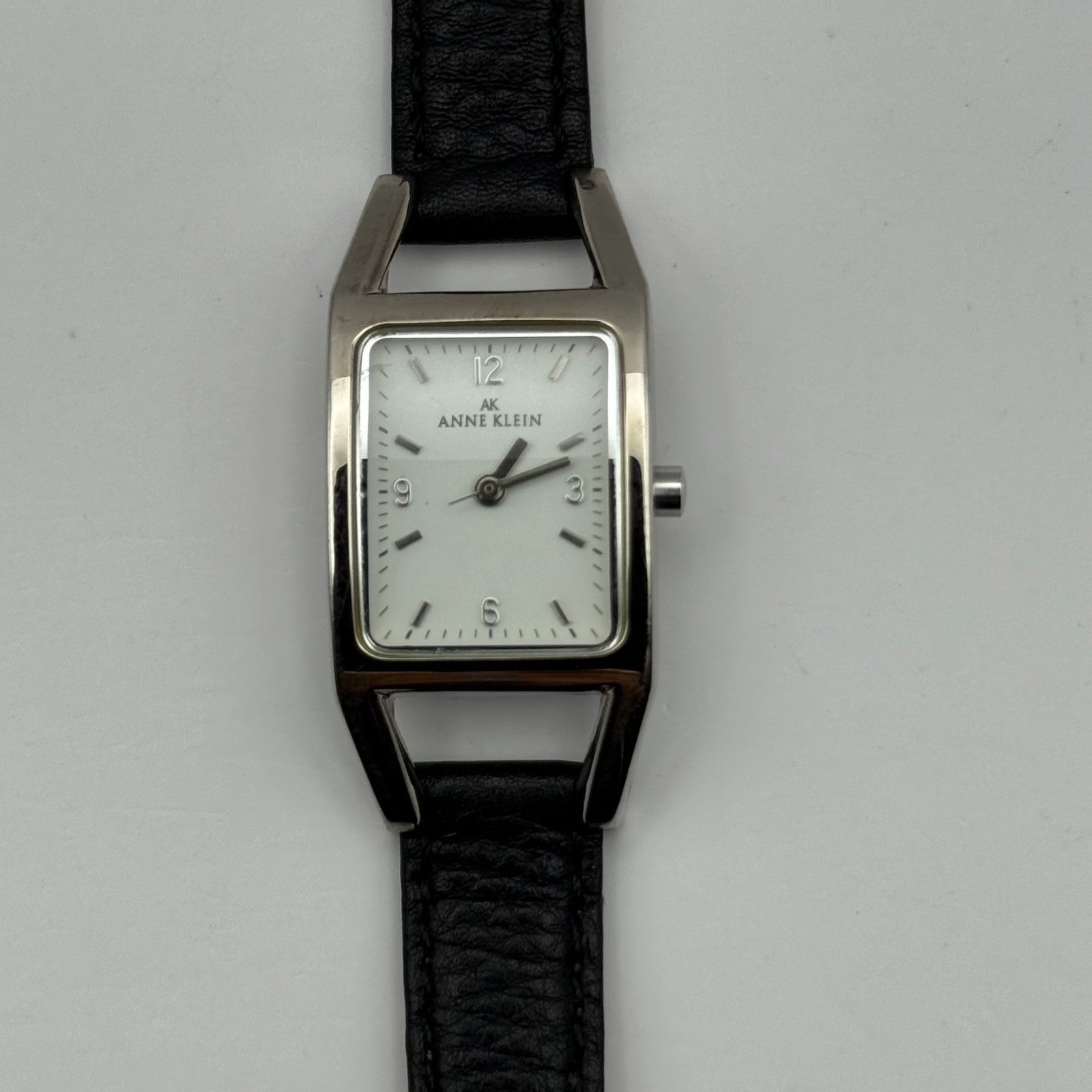 Anne Klein Ladies Quartz Watch White Dial Black Leather Strap Japan Working 18mm