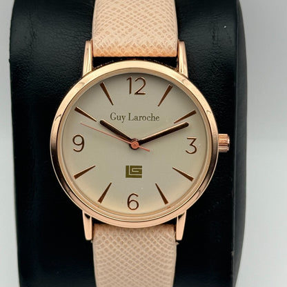 Guy Laroche Ladies Quartz Watch Rose Gold Tone Beige Strap Working 31mm