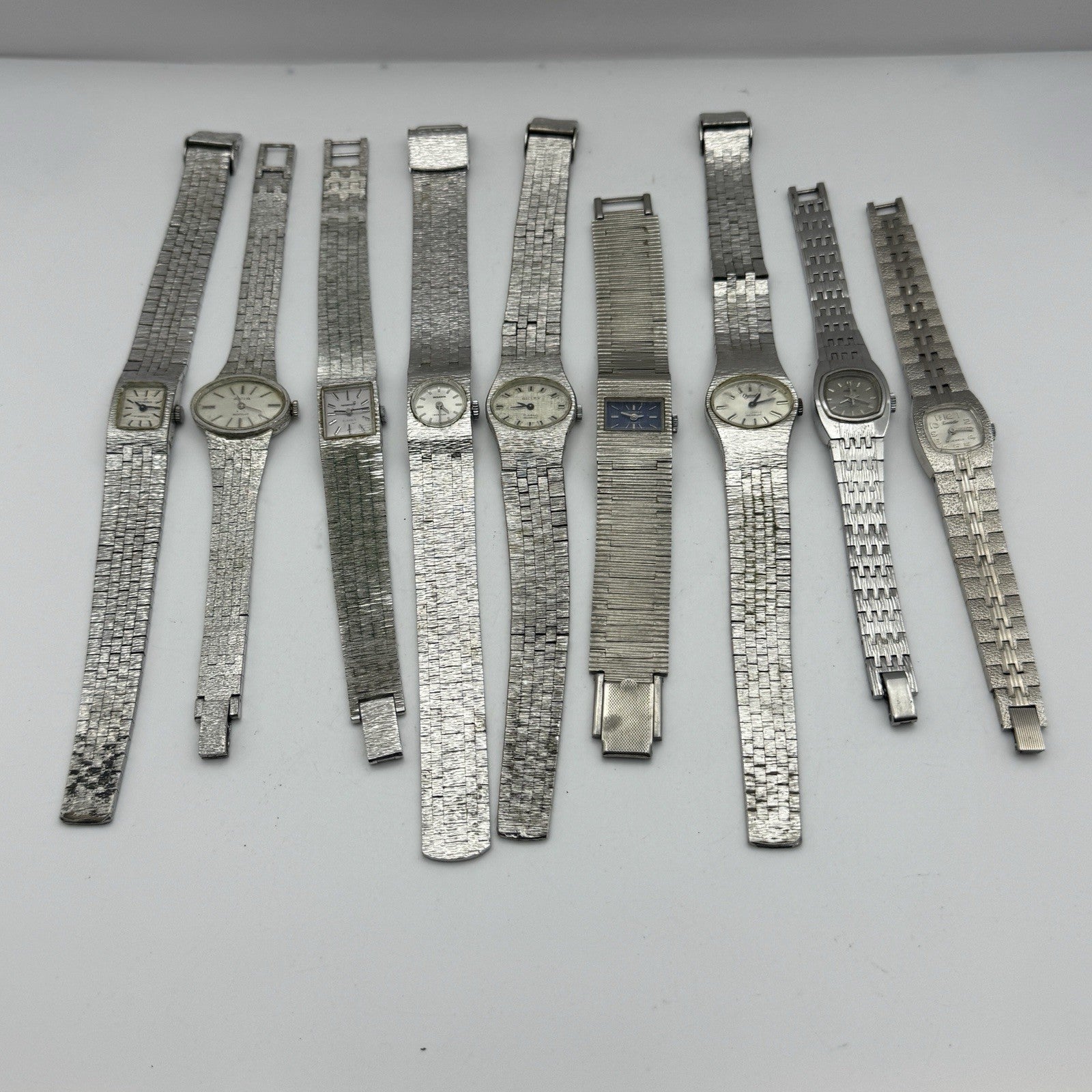 Bundle Of 9 Vintage Silver Tone Bark Affect Watches Mechanical Job Lot To Repair