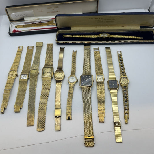 Bundle Of 12 Vintage Gold Plated Ladies Watches Mechanical Job Lot Parts Repair