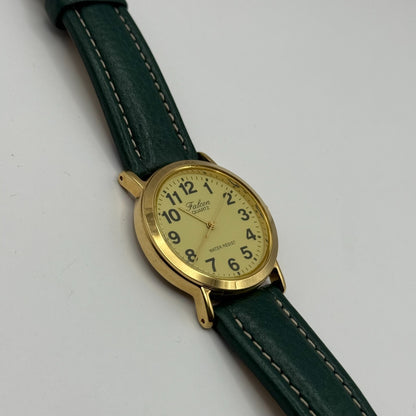 Falcon Ladies Quartz Watch Gold Tone Case Green Leather Strap Working 30mm