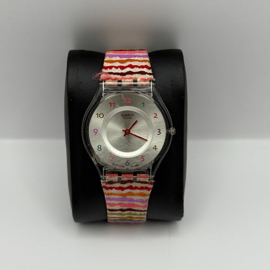 Swatch Swiss AG 2008 Ladies Quartz Watch Silver Dial Striped Strap Working 35mm