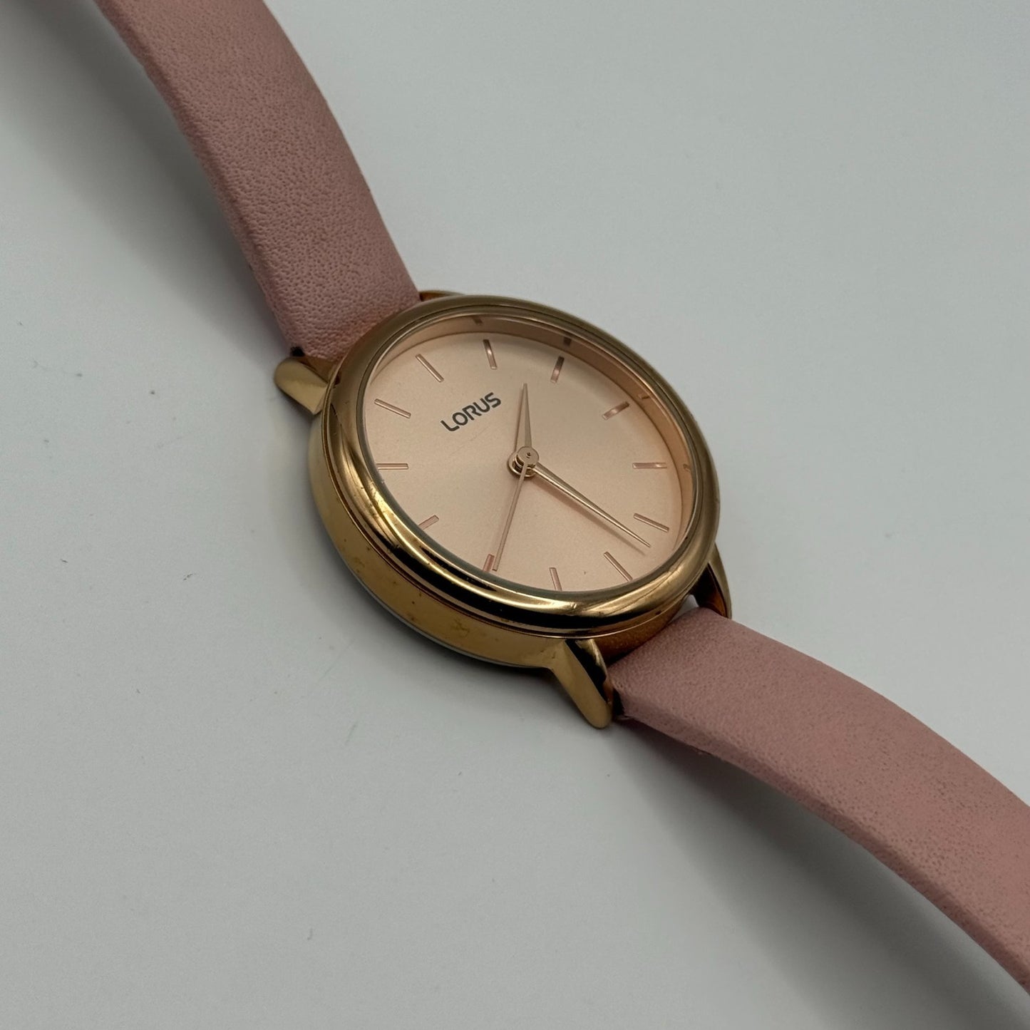Lorus Ladies Quartz Watch Gold Tone Case Pink Leather Strap Japan Working 30mm
