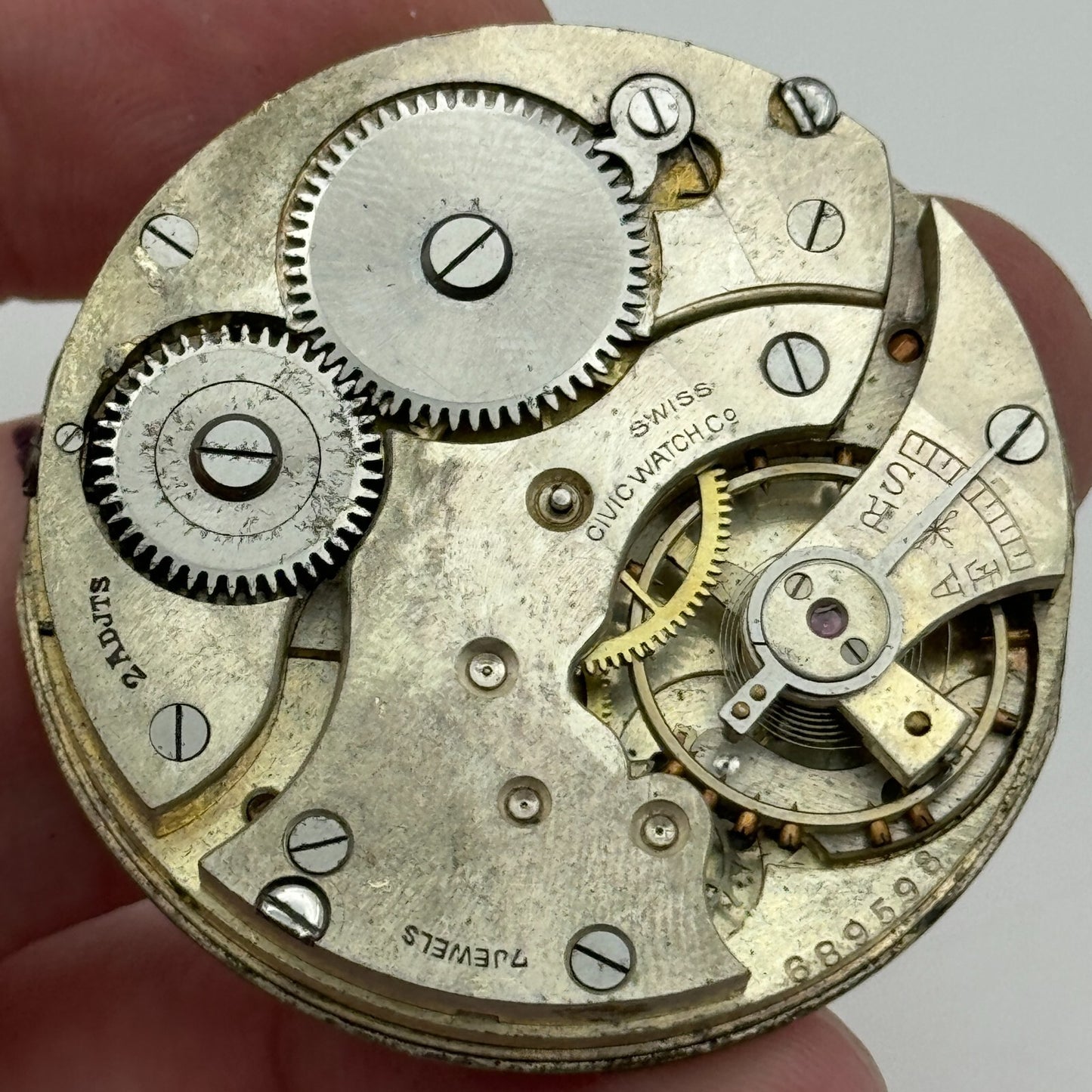 42.8mm Vintage Civic Watch Co 7 Jewels Swiss Hunter Pocket Watch Movement PARTS