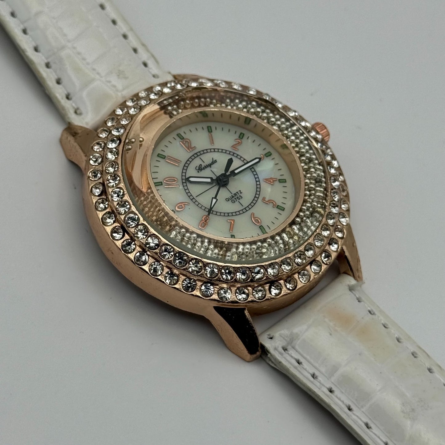 Gerryda Ladies Quartz Watch Rose Gold Crystal Accents White Strap Working 43mm