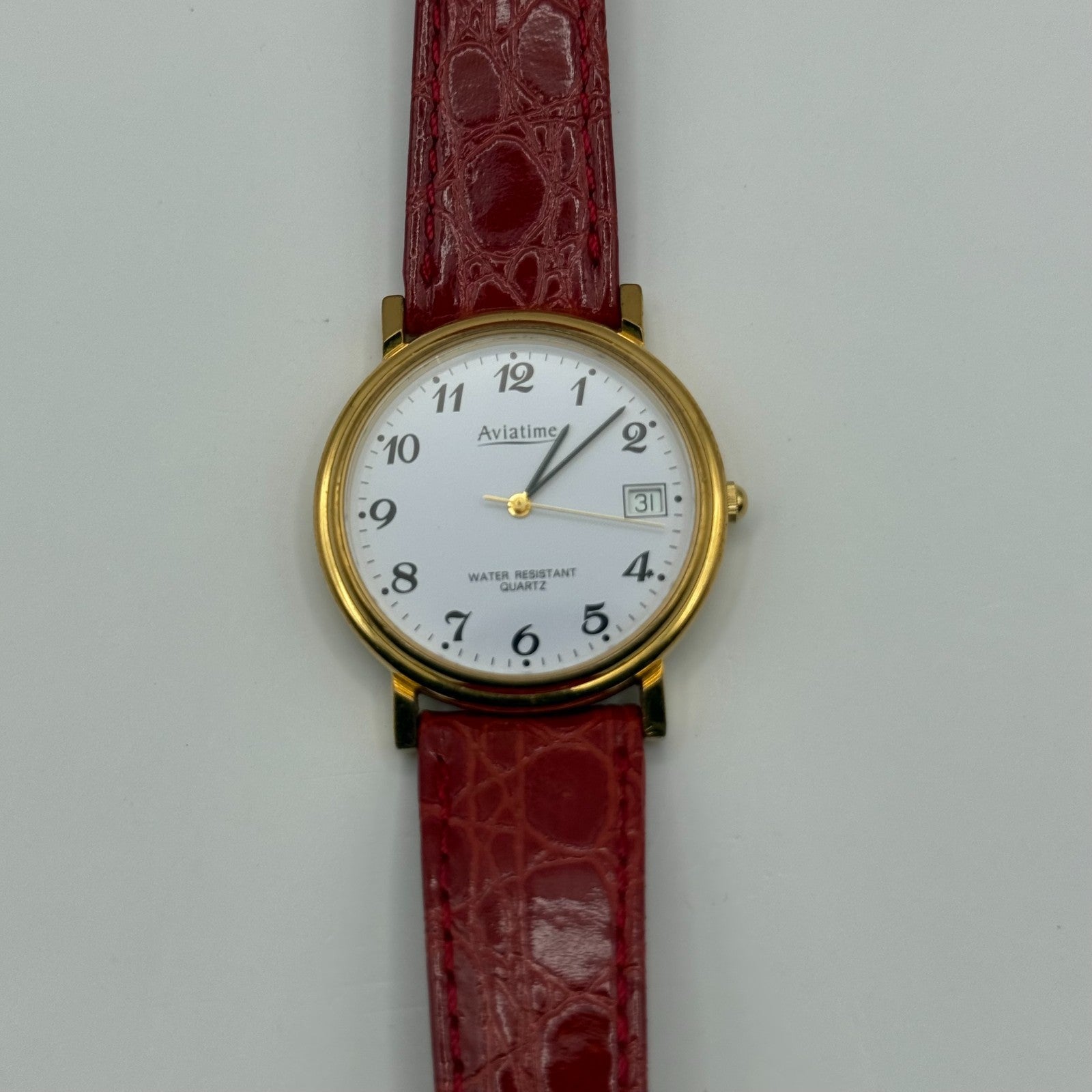 Aviatime Ladies Quartz Watch White Date Dial Red Leather Strap Working 33mm
