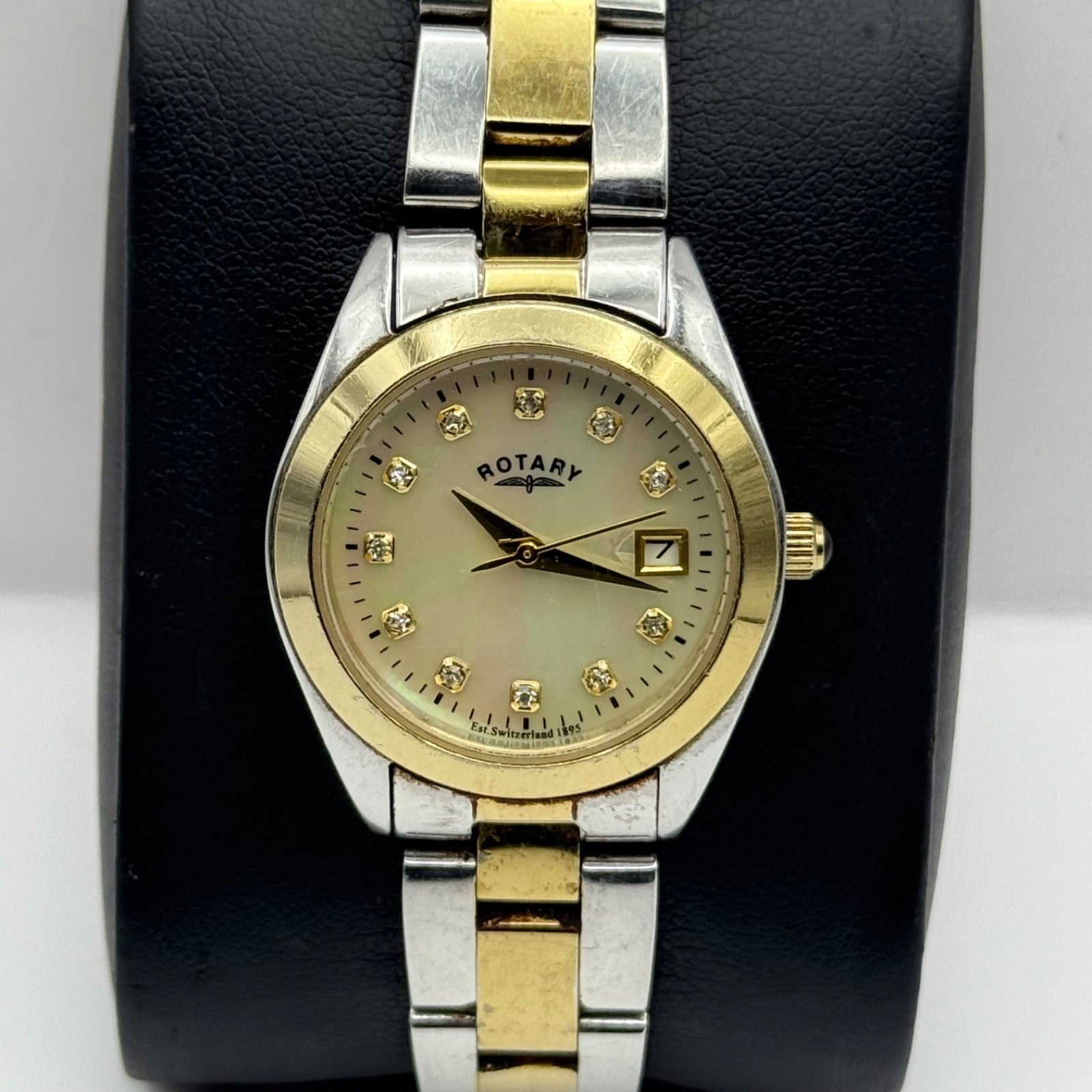 Rotary Ladies Watch Two Tone Mother Of Pearl Date Dial 27mm Working LB03499/401