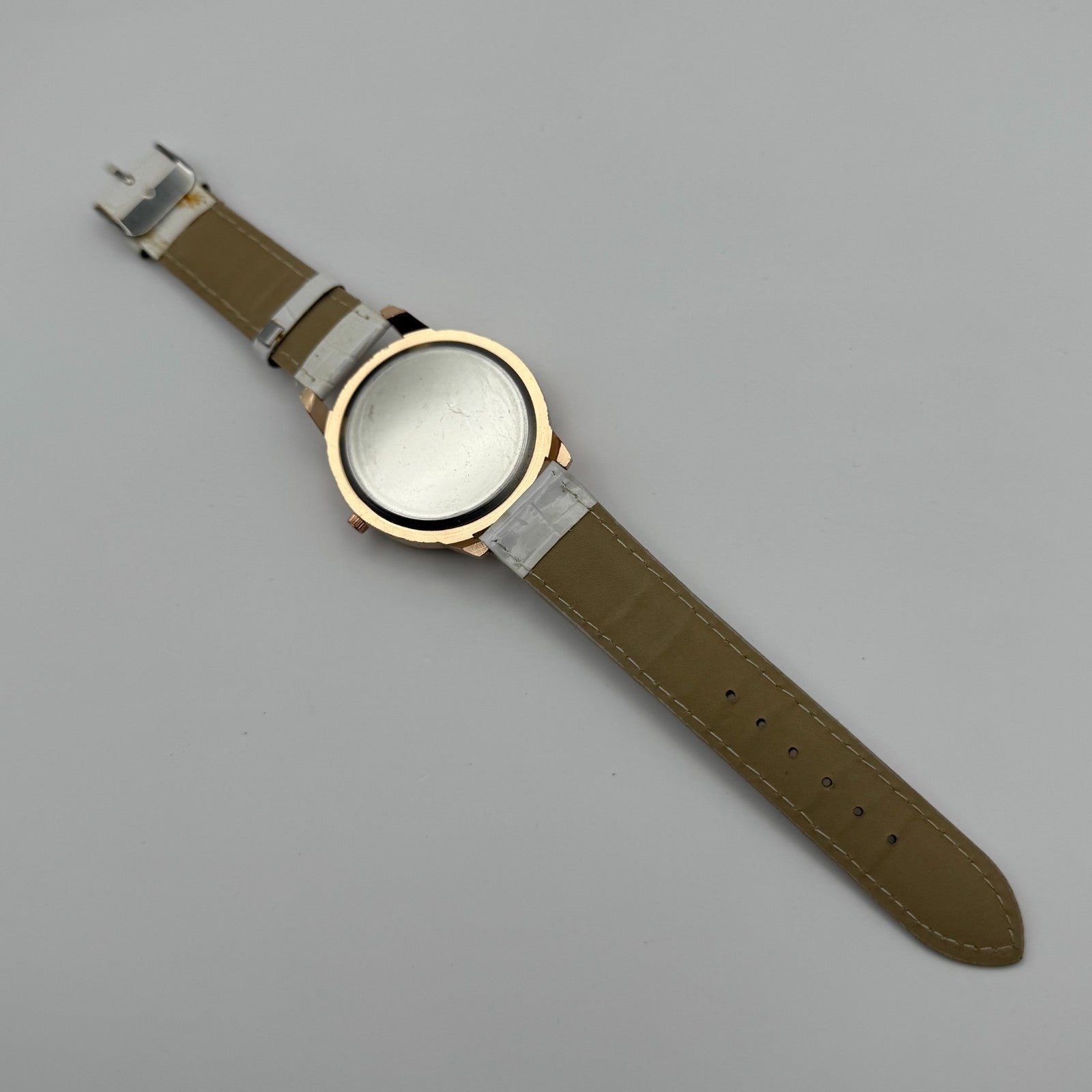 Gerryda Ladies Quartz Watch Rose Gold Crystal Accents White Strap Working 43mm