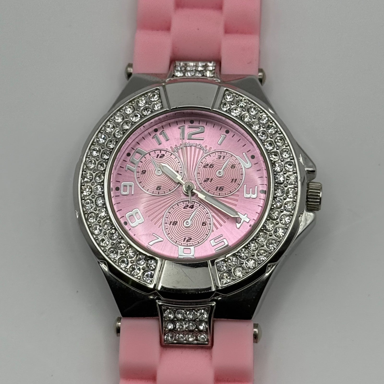 Eve Mon Crois Ladies Quartz Watch Pink Dial Crystal Accents Japan Working 36mm