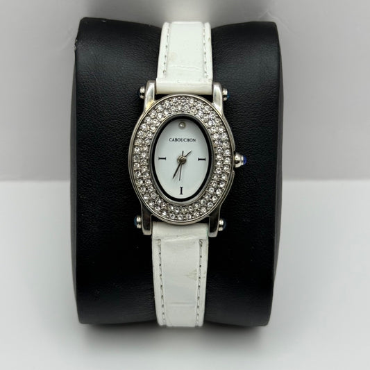 Working Ladies Cabouchon White Dial & Strap Jewelled 23mm Quartz Watch New Batt