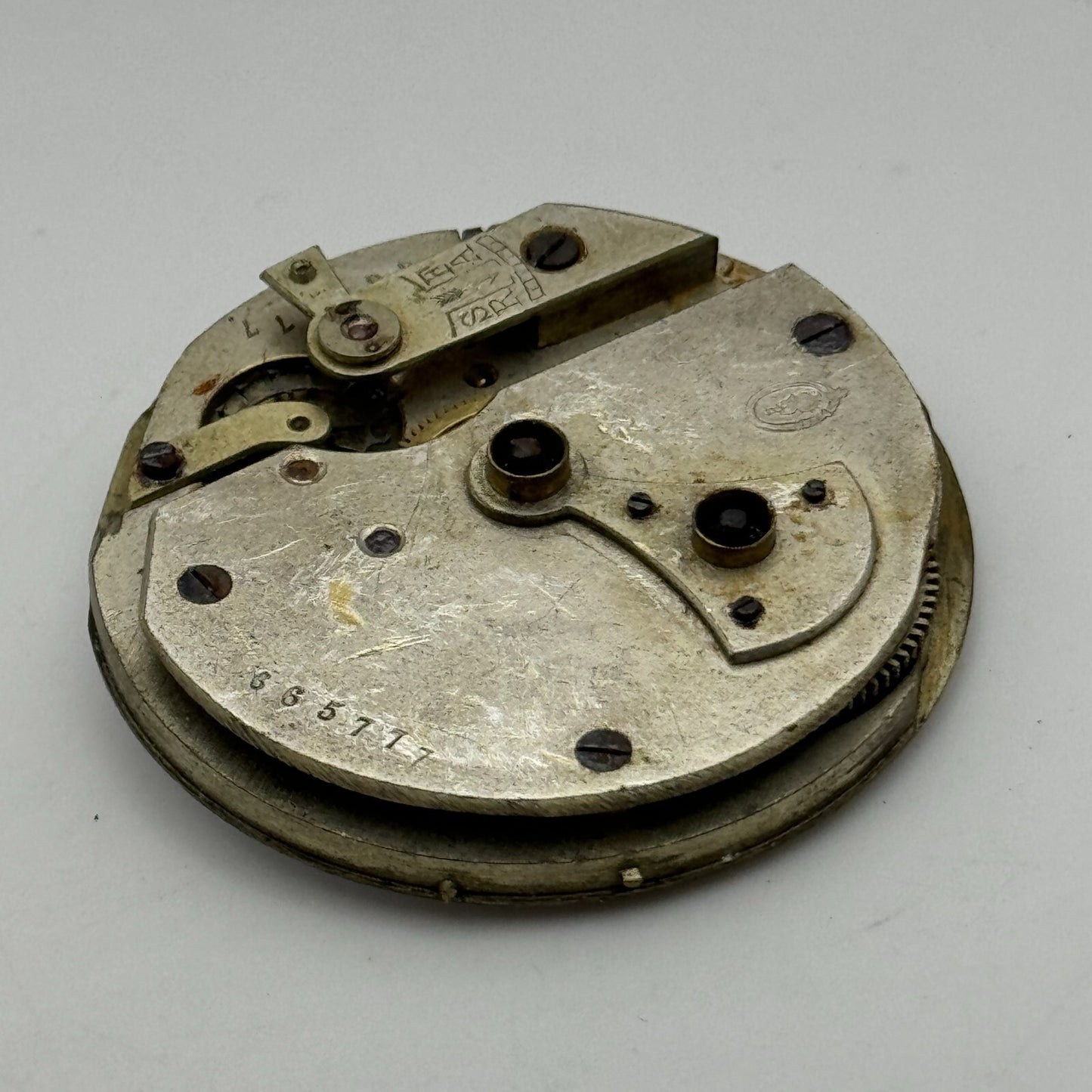 45mm Antique Unidentified Key Wound Partial Pocket Watch Movement PARTS REPAIR