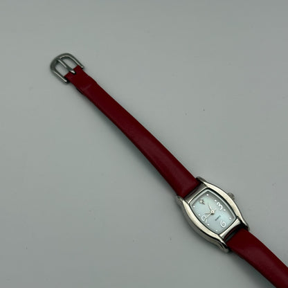 Avon Ladies Quartz Watch Mother of Pearl Dial Red Leather Strap Working 20mm