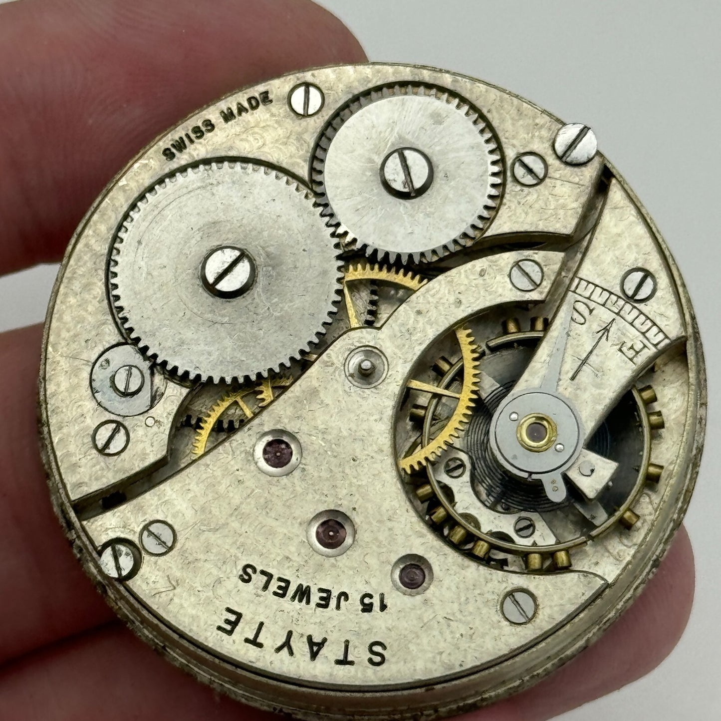 43mm Vintage Stayte 15 Jewels Swiss Made Pocket Watch Movement PARTS REPAIR