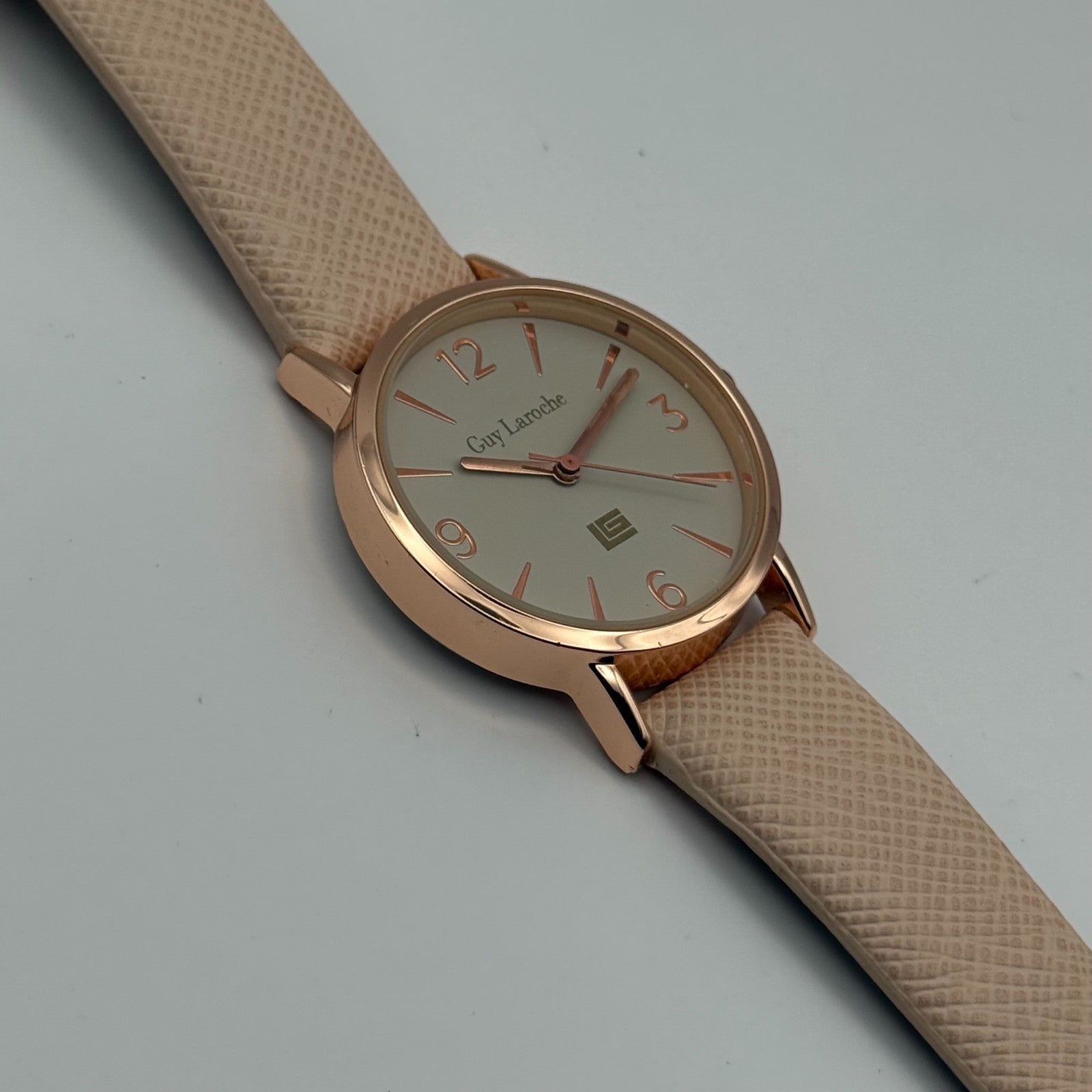 Guy Laroche Ladies Quartz Watch Rose Gold Tone Beige Strap Working 31mm