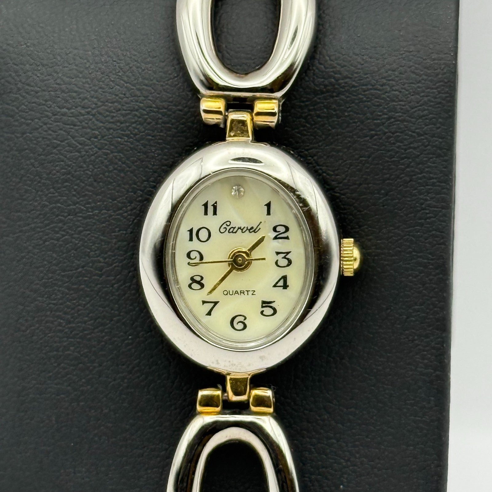 Carvel Ladies Quartz Watch MOP Oval Dial Silver Gold Tone Bracelet Working 19mm