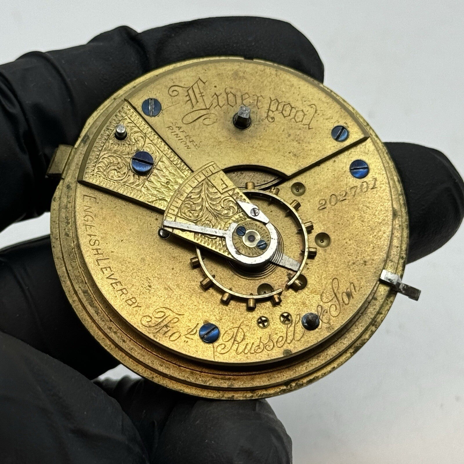 50mm Antique Thomas Russell & Son English Lever Pocket Watch Movement FOR PARTS