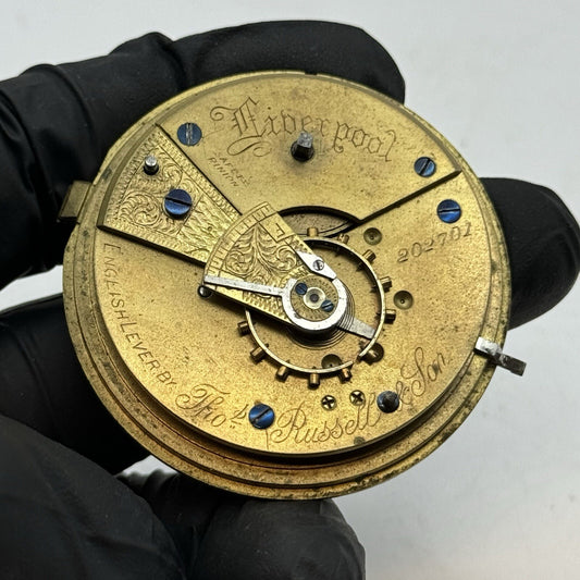 50mm Antique Thomas Russell & Son English Lever Pocket Watch Movement FOR PARTS
