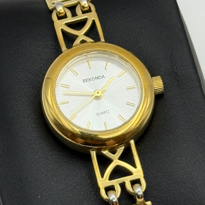22mm Working Ladies Sekonda Gold Tone Panel Bracelet Quartz Watch 6 Inches