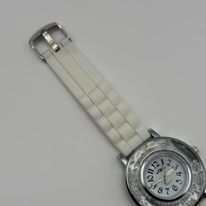 Ladies Fashion Quartz Watch Rhinestone Silver Tone White Strap Working 39mm
