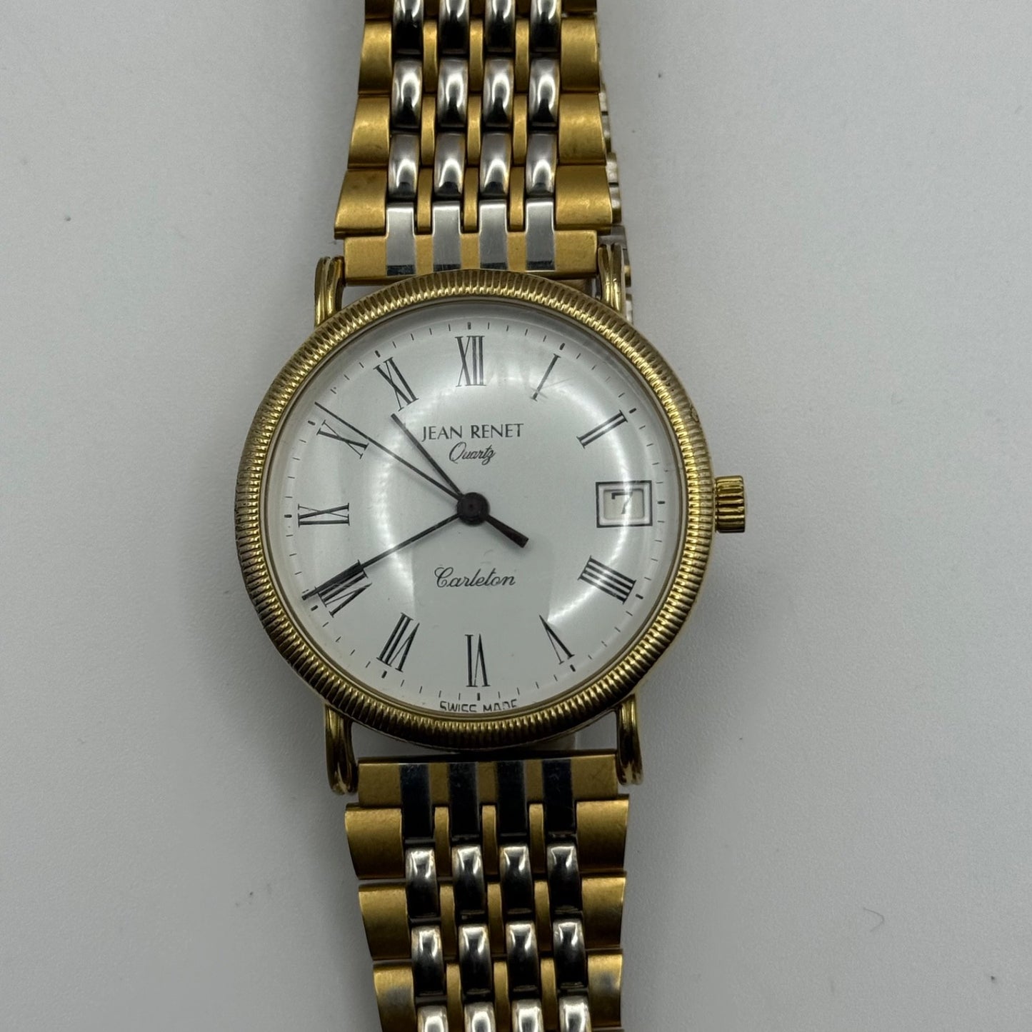 Jean Renet Carleton Watch Vintage Two Tone Bracelet Quartz Date Dial Swiss 33mm