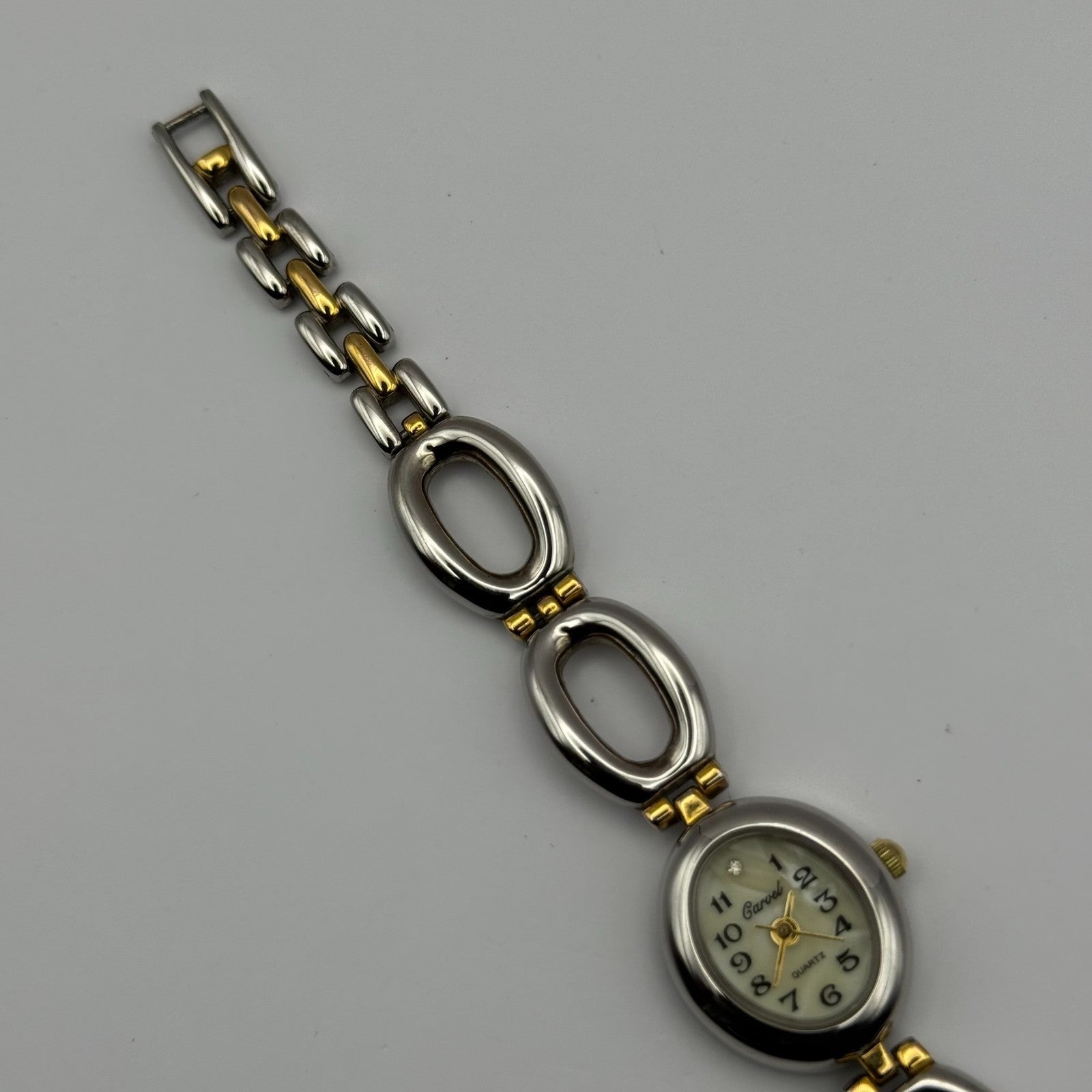 Carvel Ladies Quartz Watch MOP Oval Dial Silver Gold Tone Bracelet Working 19mm