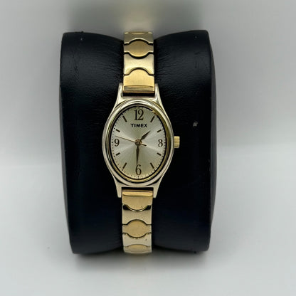 Timex Ladies Quartz Watch Oval Dial Gold Tone Stretch Band Steel Working 21mm