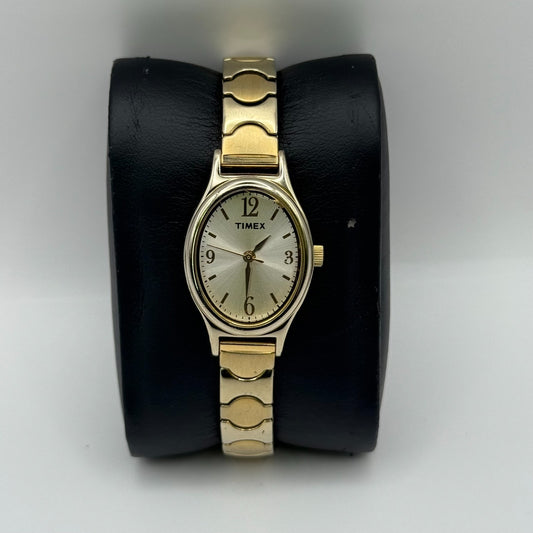 Timex Ladies Quartz Watch Oval Dial Gold Tone Stretch Band Steel Working 21mm