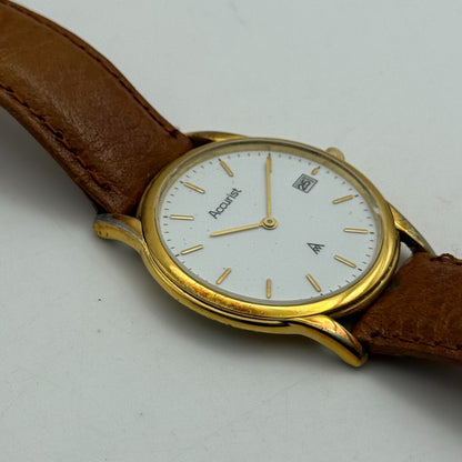33mm Working Vintage Accurist 404000 Date Dial Leather Quartz Watch New Battery