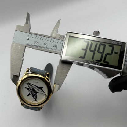 Citron Ladies Quartz Watch Dolphin Dial Gold Tone Blue Strap Working 35mm