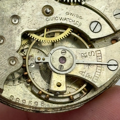42.8mm Vintage Civic Watch Co 7 Jewels Swiss Hunter Pocket Watch Movement PARTS